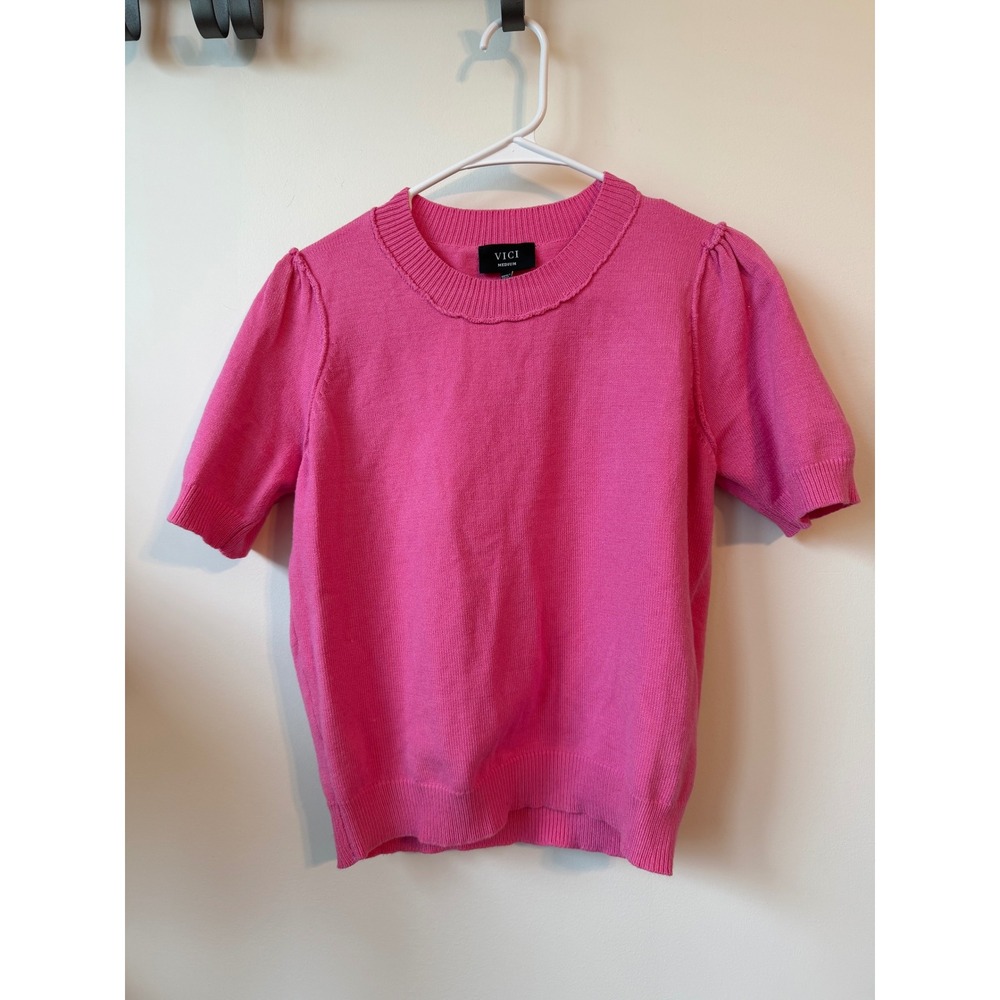 VICI Hot Pink Puff Short Sleeve Knit Sweater Crew Neck Top Medium